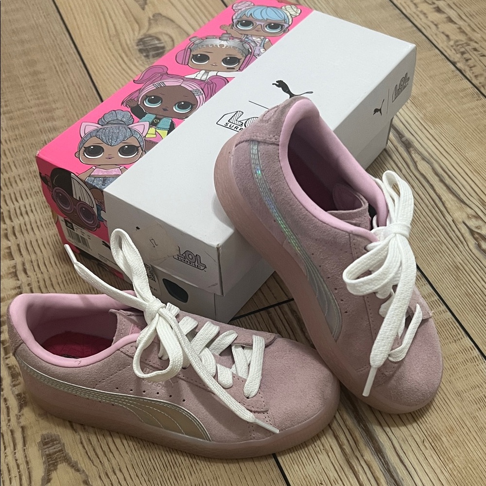 Puma Kids Pink Suede Sneakers with White Laces and Iridescent Stripe